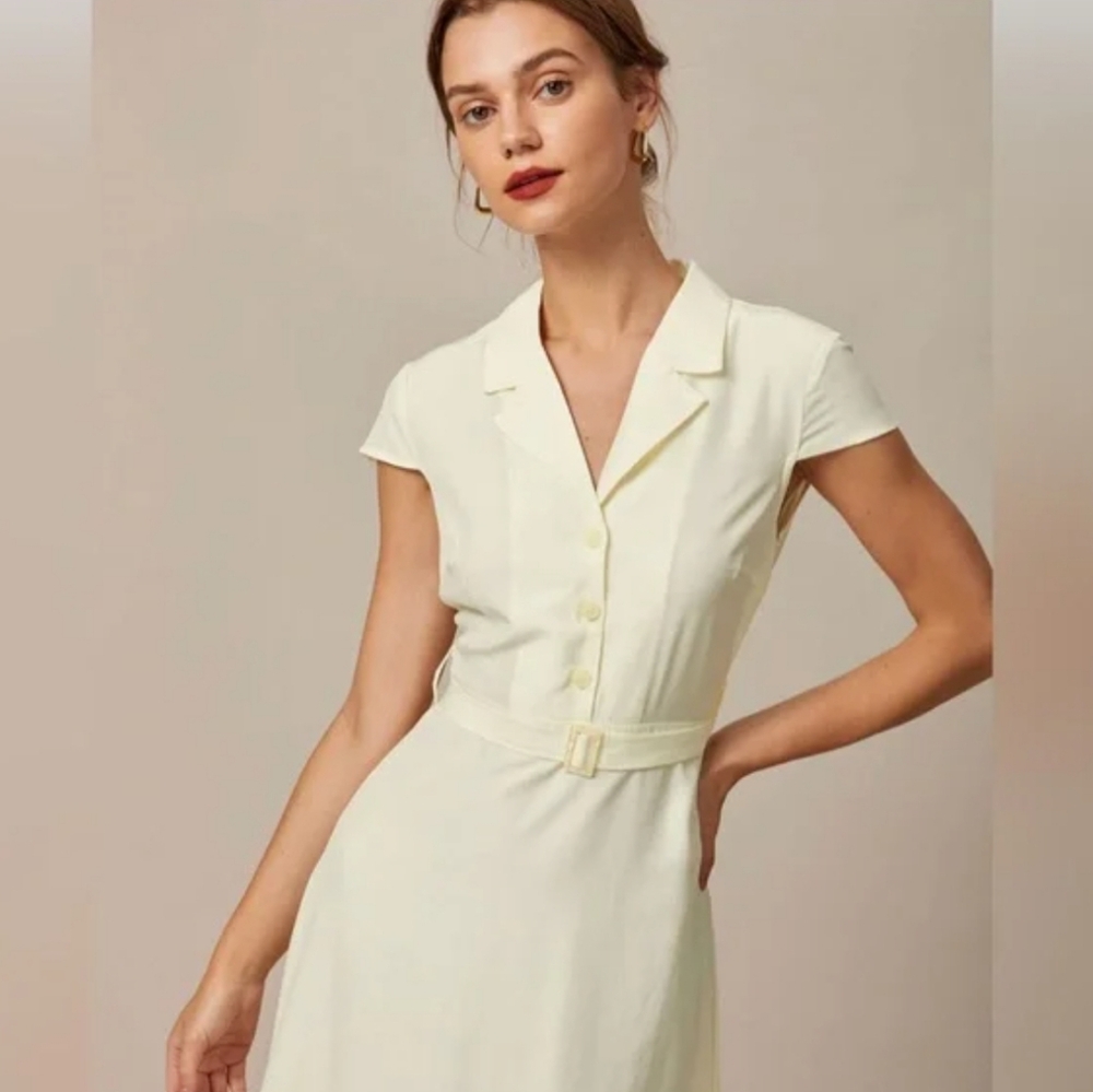 RIHOAS Cream Cap-Sleeved Midi Dress with Belt SMALL - Picture 4 of 10
